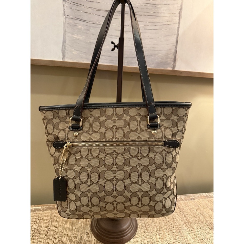 COACH OUTLINE SIGNATURE  KHAKI JACQUARD LEATHER TRIM ZIP TOP TOTE HANDBAG F58282 - Picture 5 of 13